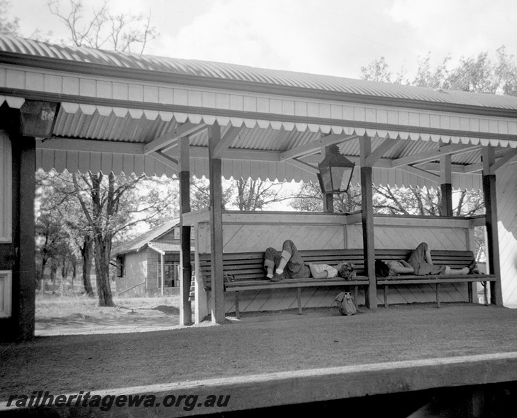 P24046
Station seats on which Robin and Janet are reclining, platform, canopy, building in background, Glen Forrest, ER line 
