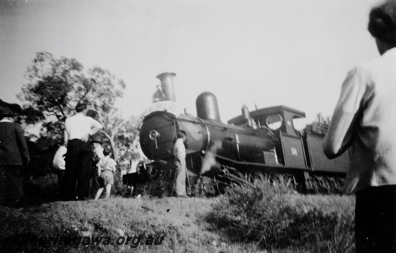 P24090
G class 58, on first Railway Historical Society tour, tourists, top of the S bend near Mundijong, SWR line, front and side view from trackside
