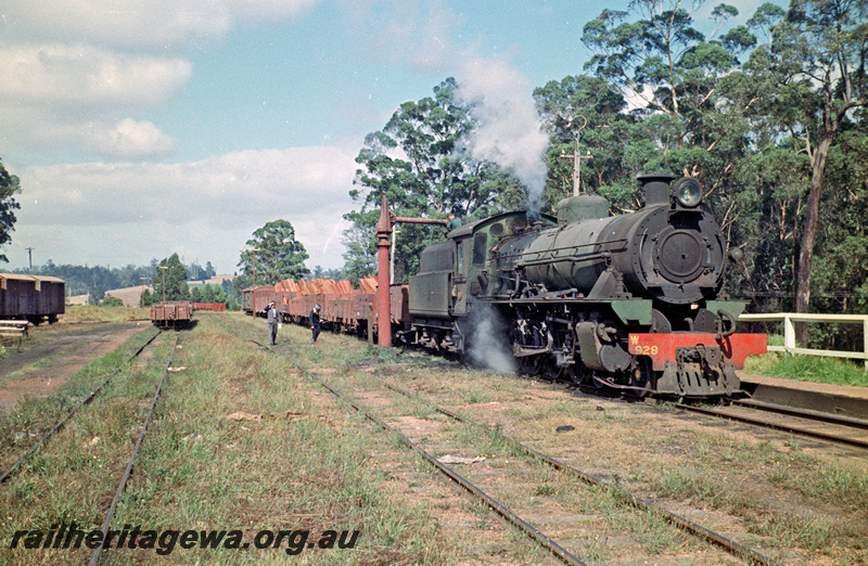 P24193
W class 928, on goods train, water crane, siding, onlookers,  Pemberton, PP line, side and front view
