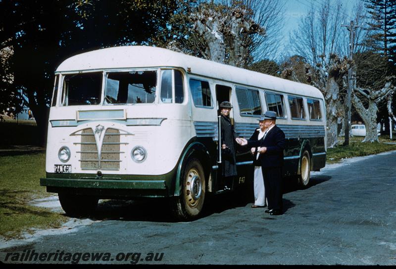T00175
Railway Road Service Foden bus F47, green and cream livery, front and side view, publicity photo.
