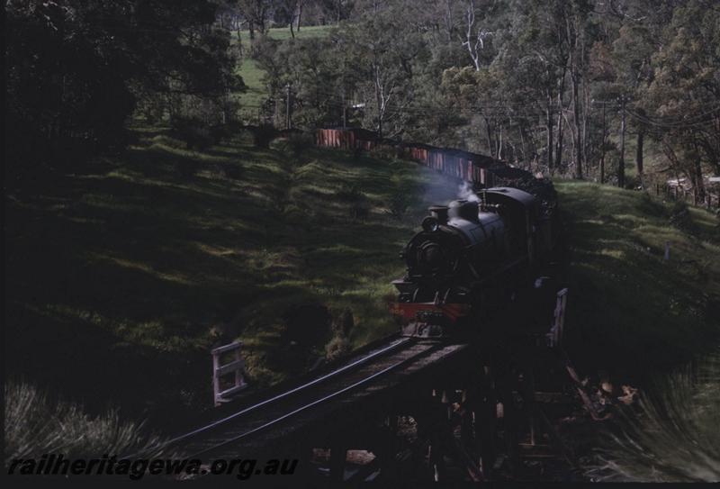 T01813
W class 905, trestle bridge, goods (coal) train from Collie, BN line, from section of train shown in T1806

