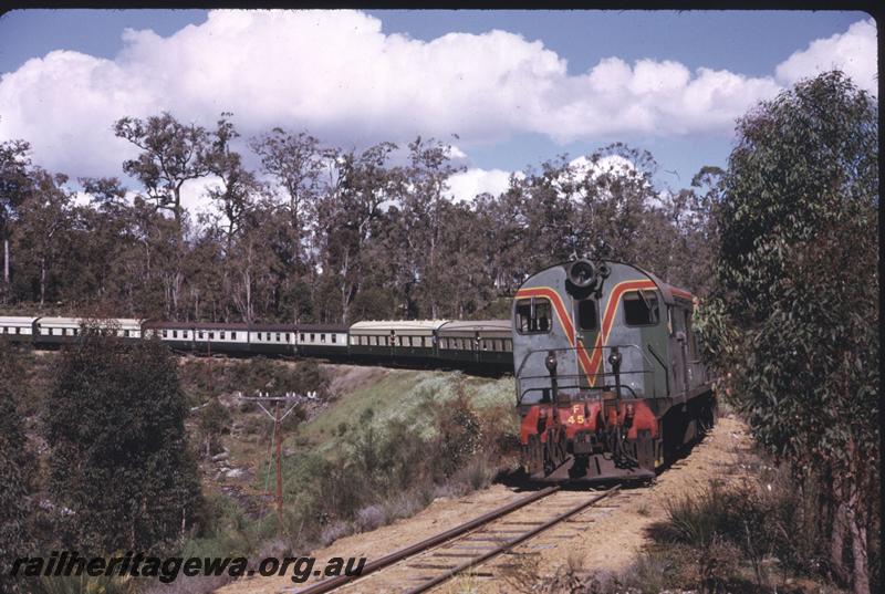 T02533
F class 45, F class 41 double heading coupled nose to nose,   descending the grade between Dwellingup and Pinjarra, ARHS tour train to Dwellingup, PN line, view along the train

