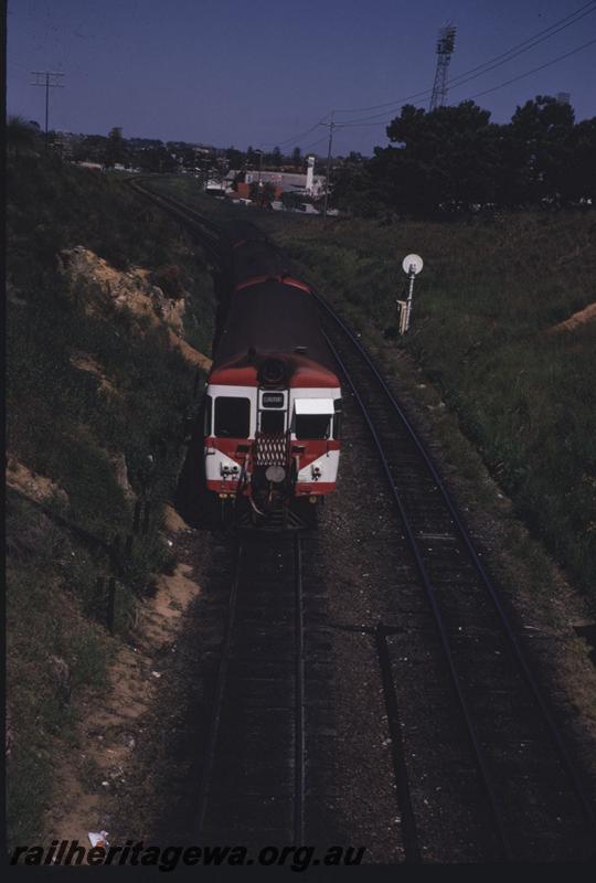 T02738
ADG railcar set, near Showgrounds Station, Claremont, elevated front on view.
