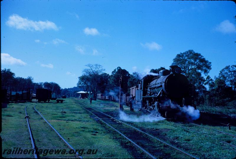 T03543
W class 935 on a goods train, water column, scotch block, stock yard, station buildings in the background, Bowelling, BN line, view down the yard.
