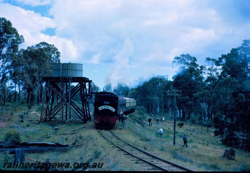 T03555
MSA class 499 Garratt loco, water tower, squatters tank, Bergining, PN line, ARHS tour train to Dwellingup
