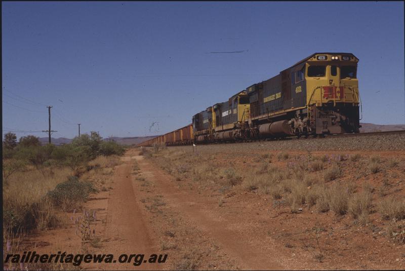 T04032
Hamersley Iron CE636R class 4031, rebuilt from Alco M636, triple heading, loaded train, RIO line
