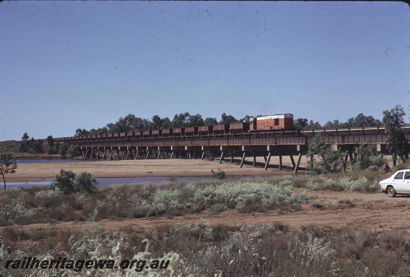 T04095
Goldsworthy Mining Limited English Electric loco A class 3, similar to WAGR K class, loaded train, De Grey River bridge, BHP line

