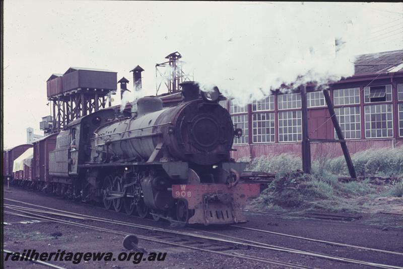 T04223
W class 908, roundhouse, water towers, roofed  25,000 gallon cast iron tanks, Bunbury, SWR line, goods train
