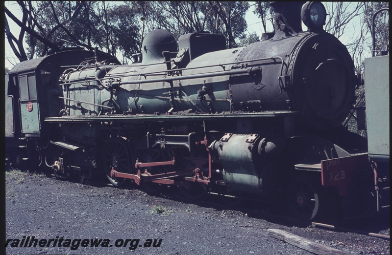 T04383
PMR class 723 with a PR class dome and brown painted motion gear, Narrogin loco shed, side and front view, GSR line
