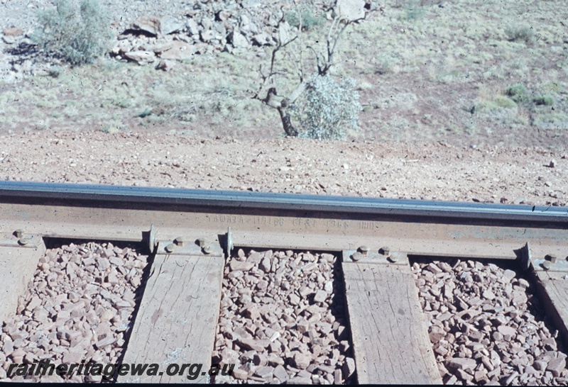 T04793
Hamersley Iron (HI) 119lb rail manufactured by Yawata Iron and Steel, Japan.
