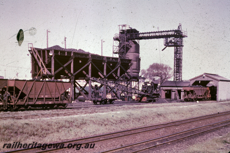 T05222
XA class coal hoppers, steam crane, Coal loader, coal conveyor, coal stage, sheds, East Perth loco depot,  view from track level. Same as T05706
