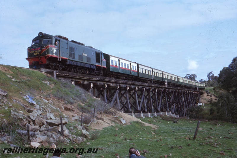 T05460
X class 1017 on Australian Railway Historical Society tour to Toodyay, crossing wooden trestle bridge, photographers, Ringa, CM line, front and side view from riverbank
