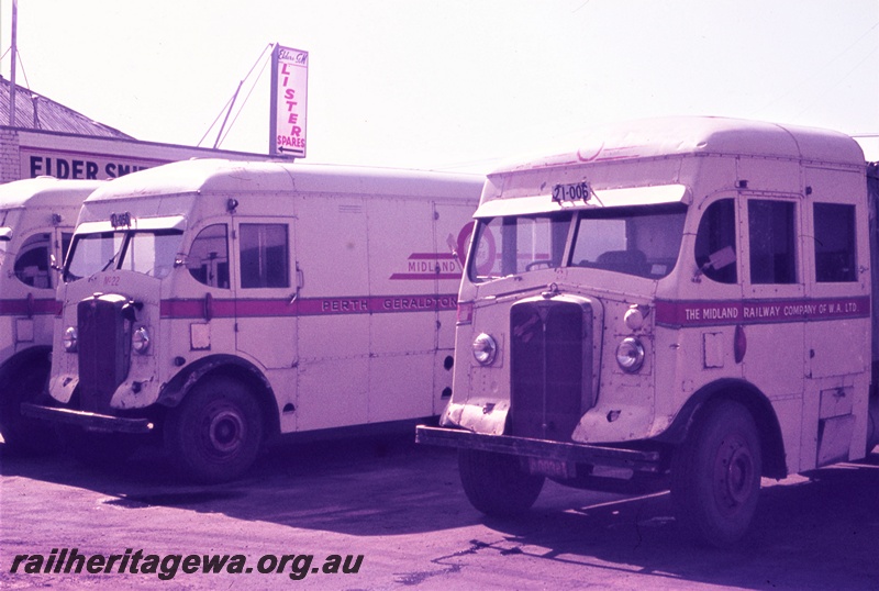T05467
Midland Railway (MRWA) truck No 22, Midland Railway bus 21-006, at Midland Railway Road Services centre, William and Newcastle Streets Perth, front and side views
