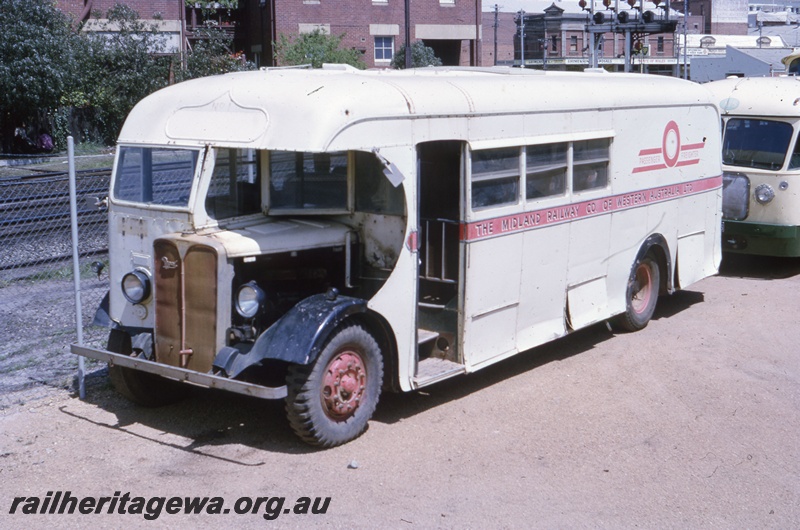 T05469
Former Midland Railway (MRWA) passenger freighter, in Perth carpark, front and side view
