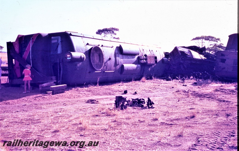 T05474
Baandee derailment 103 goods,  X class 1029  lying on its side. EGR line. 
