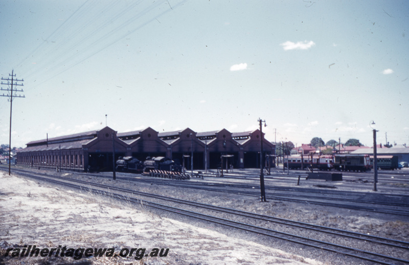 T05651
East Perth Loco depot-southern end. Photo depicts Fs class locomotives, ADE railcar and Y class diesel locomotive. ER line.
