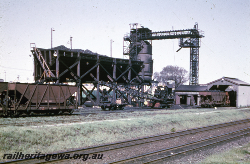 T05706
XA class coal hoppers, steam crane, Coal loader, coal conveyor, coal stage, sheds, East Perth loco depot,  view from track level. Same as T05222
