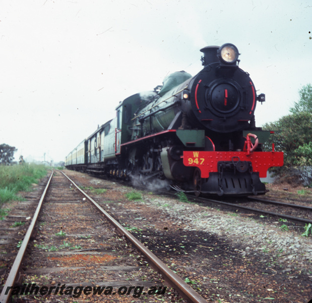 T05726
W class 947 owned by Great Southern Steam Association hauling tour train Albany to Kendenup. GSR line. 
