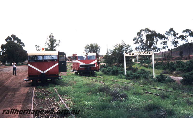 T05754
Boulder Loopline Railway  - two Wickham railcars at Trafalgar siding, station nameboard in photo.  B line.
