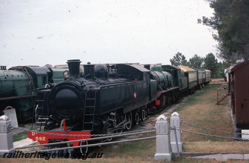 T05773
DD class 592 and other exhibits, Rail Transport Museum, Bassendean, overall view of the site looking along the line of the exhibits
