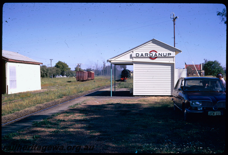 T06632
V Class 1220, ARHS 75th tour train returning from Donnybrook, Dardanup, station building, station nameboard, platform, goods shed, PP line
