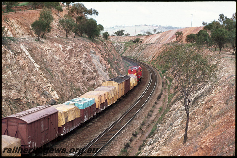T07019
G Class 50, International Orange livery, Up goods train, Horseshoe Cutting approaching Julimar Road, ER line
