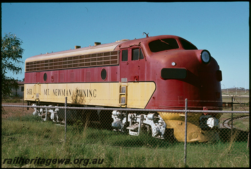 T07309
Mount Newman Mining F7A 5451, ex-Western Pacific Railroad 923-A, plinthed near town oval, before being moved to the Don Rhodes Mining and Transport Museum, Port Hedland, Pilbara
