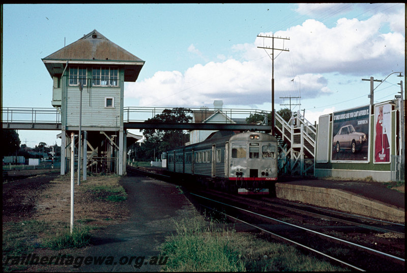 T07439
ADK Class 682 with ADB Class trailer, Up suburban passenger service, Claremont, footbridge, platforms, station buildings, signal cabin, ER line
