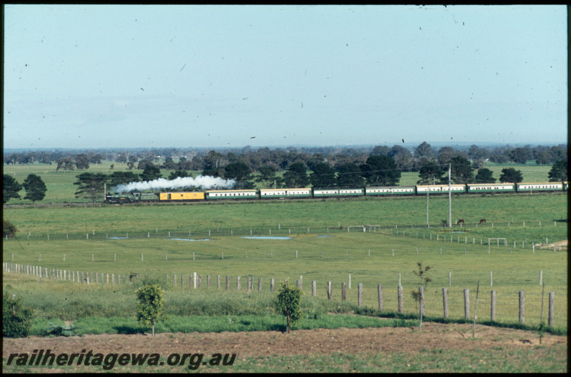 T07581
W Class 945, Hotham Valley Railway tour train to Collie, south of Armadale, ZJ Class 429 brakevan in yellow livery, SWR line
