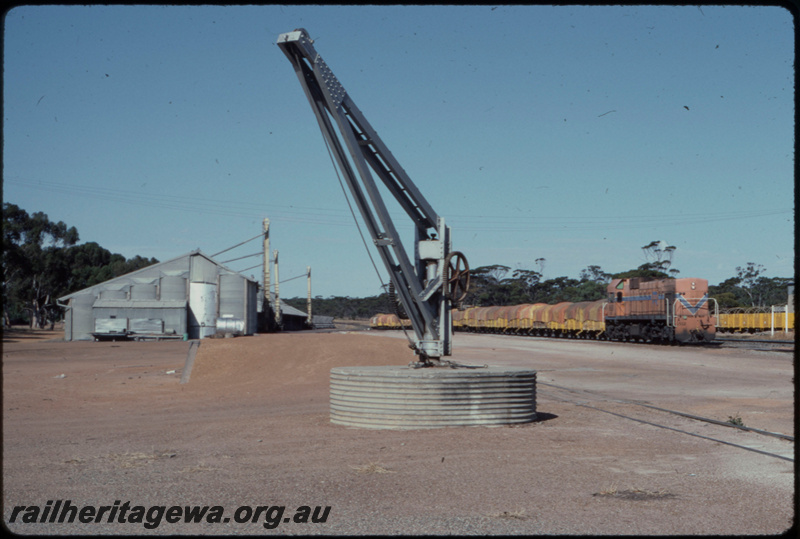 T07673
A Class 1512, Up loaded grain train, Kukerin, hand crane, loading ramp, station nameboard, CBH bin, WLG line
