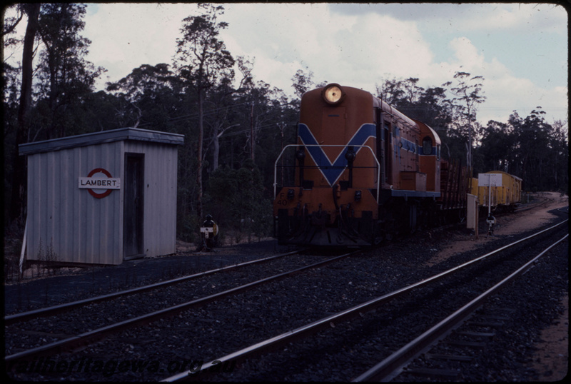 T07710
F Class 40, Up goods train, Lambert, safeworking shed, station nameboard, points indicators, PP line
