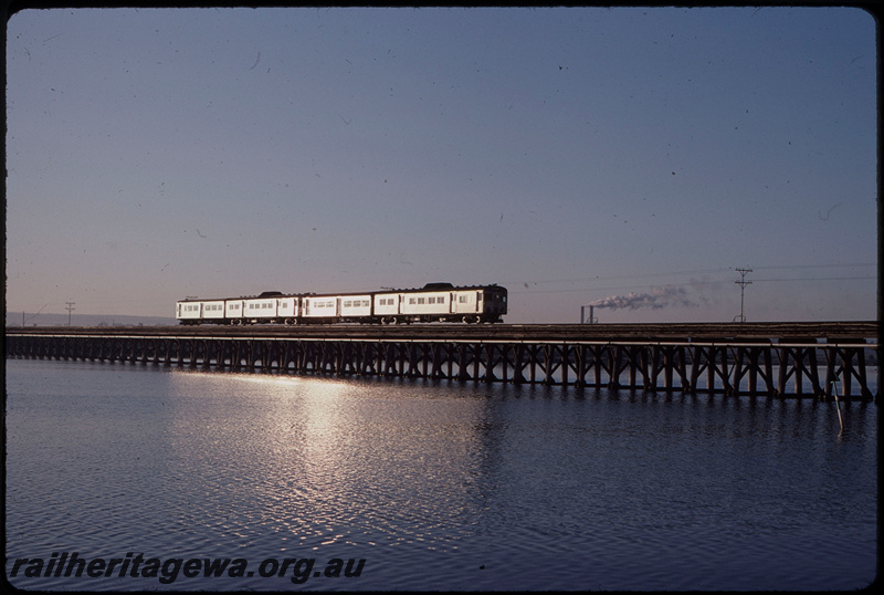T07743
ADK/ADB/ADK/ADB Class railcar set, Up suburban passenger service, crossing Bunbury Bridge, timber trestle, SWR line
