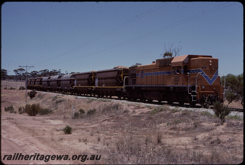 T07830
AB Class 1533, Down empty grain train, XNA and XN Class hoppers in consist, 82 km peg, approaching Minnivale, GM line

