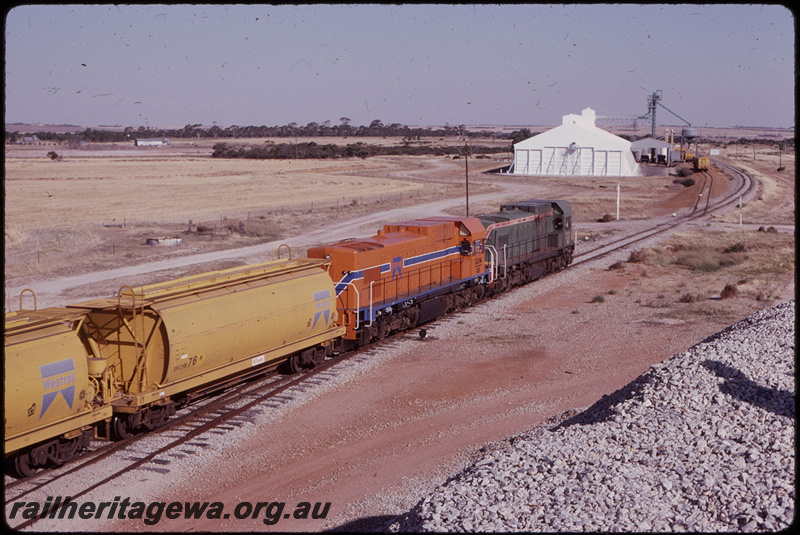 T07834
AB Class 1531, AB Class 1534, Up loaded grain train, XW Class 21876 grain wagon, Ejanding, CBH bin, KBR line
