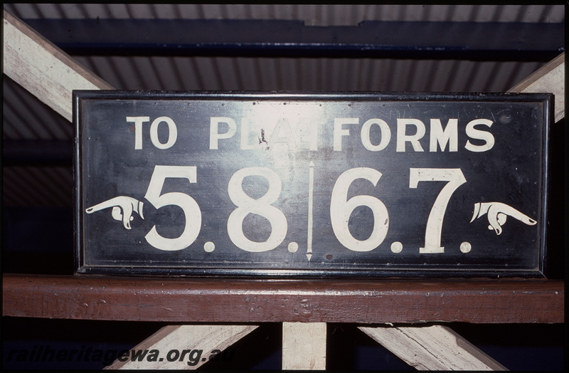 T07953
Platform signage on wooden footbridge, City Station,Perth, ER line, night photo
