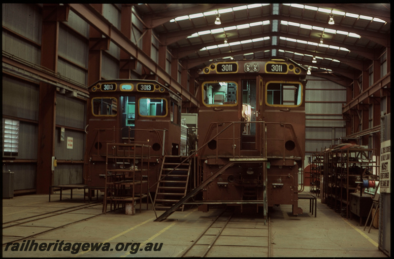 T07961
Hamersley Iron ALCo C-636 3011 and 3013 undergoing rebuild, ARHS tour, Commonwealth Engineering, Bassendean
