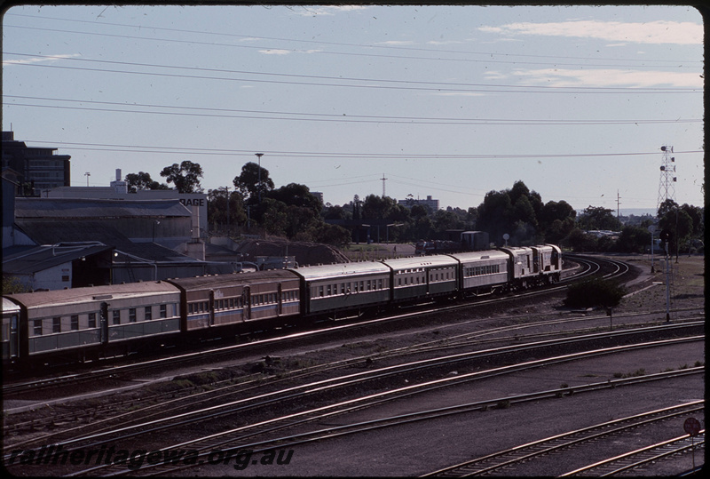 T08036
F Class 43, F Class 45, Down Hotham Valley Railway hired special to Wongan Hills, between Claisebrook and East Perth, ER line, locomotives replaced failed A Class at last minute, F Class replaced by A Class 1512 at Avon Yard
