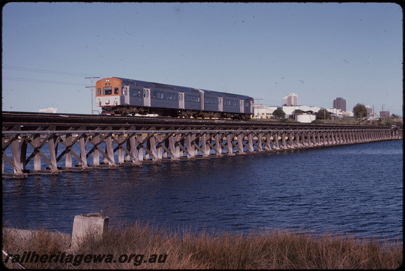 T08039
ADL/ADC Class railcar set, Up suburban passenger service, Bunbury Bridge, timber trestle, SWR line 
