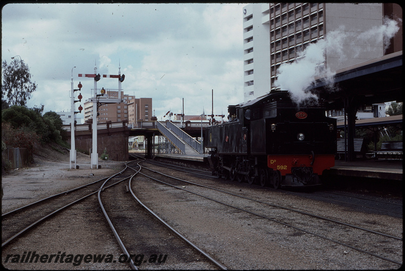 T08109
DD Class 592, running around ARHS passenger special, one of four steam shuttles run between Fremantle and Perth for Parliament Week celebrations, Barrack Street Bridge, semaphore bracket signals, City Station, Perth, ER line
