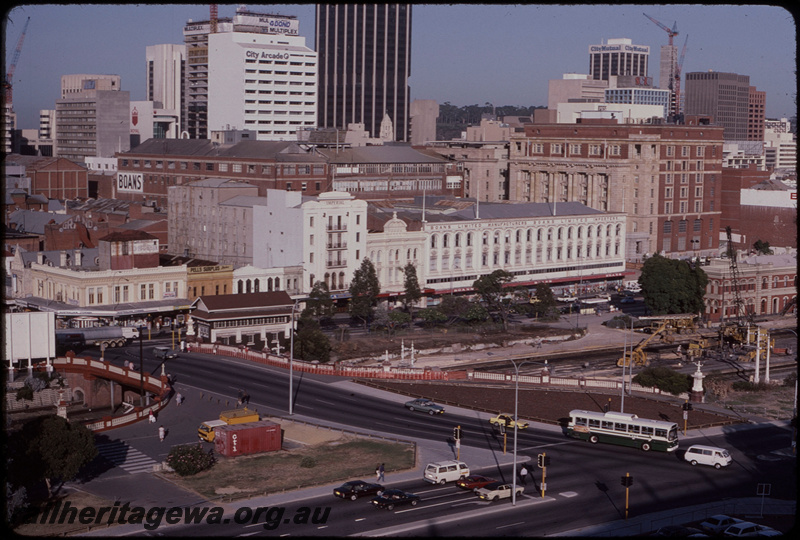 T08190
Overall view of City Station, station building, Perth Box C signal cabin, semaphore signals, Barrack Street Bridge, construction of multi-story carpark underway, Perth, ER line

