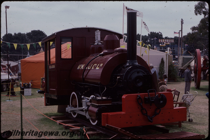 T08260
Kia Ora steam locomotive on display at the Perth Royal Show, Claremont Showgrounds, cosmetically preserved in Millars Karri & Jarrah Co. Ltd. livery
