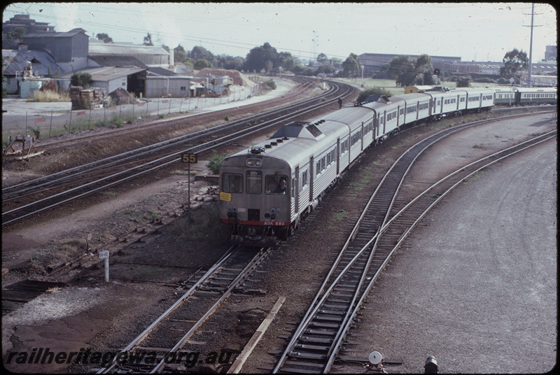 T08272
ADX Class 662, ADA Class trailer, ADX Class 663, Down suburban passenger service, last ADX Class railcar set in service, departing Claisebrook, stopping pattern sign says 