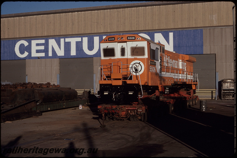T08381
Mount Newman Mining GE C36-7M 5506 (rebuilt from ALCo C636 5455), on Bell Brothers low-bed trailer, A Goninan & Co, Welshpool
