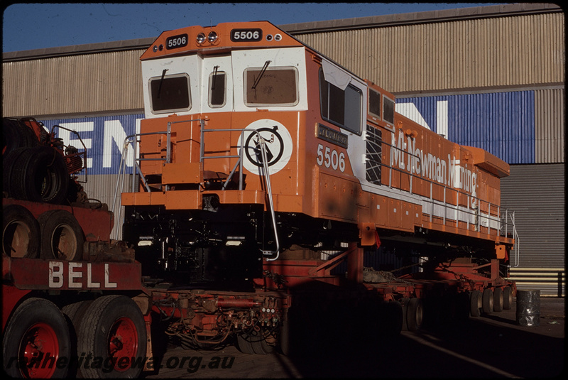T08382
Mount Newman Mining GE C36-7M 5506 (rebuilt from ALCo C636 5455), on Bell Brothers low-bed trailer, A Goninan & Co, Welshpool
