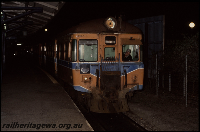 T08440
ADG Class 611 with ADA Class trailer, Up suburban passenger service, preparing to depart City Station, Platform 1, Fremantle Dock, Perth, ER line, night photo
