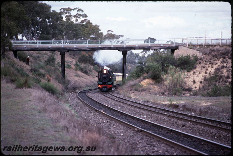 T08665
W Class 945, Up Hotham Valley Railway City Circle passenger special, Vintage Train, between City West and West Leederville, Leederville Bank, Hamilton Street Bridge, ER line
