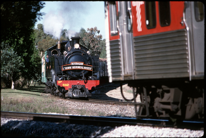 T08690
DD Class 592, Down ARHS passenger special, City Circle Tour, headboard, departing East Perth, ADL/ADC Class railcar set, Up suburban passenger service, ER line
